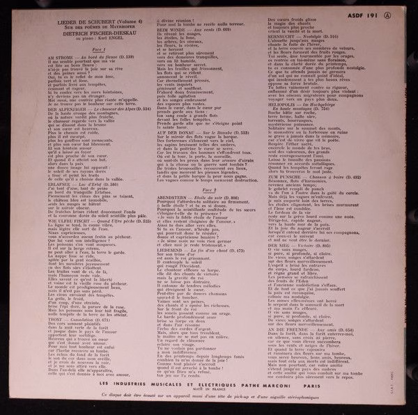 La Voix De Son Maître ASDF 191 - Franz Schubert, Dietrich Fische - Image 2