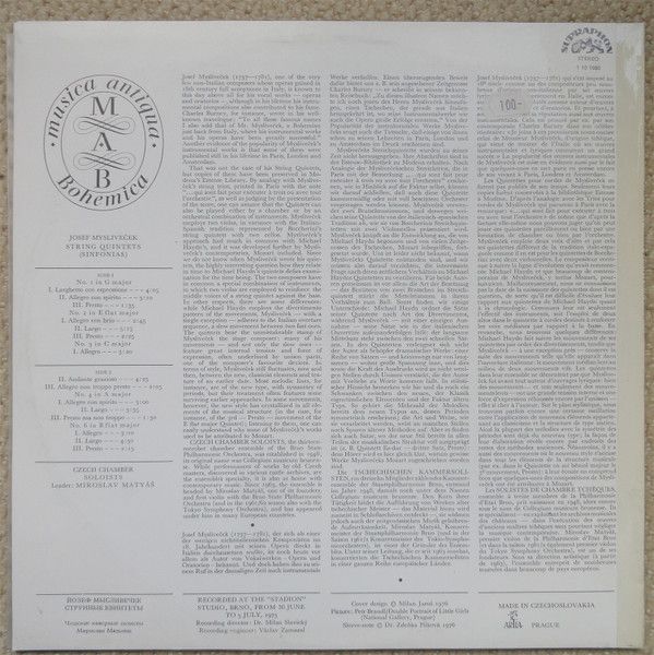 Supraphon 1 10 1880 - Josef Mysliveček, Czech Chamber Soloists, - Image 2