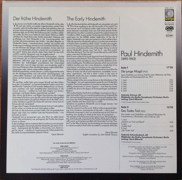 WERGO WER 60117 - Paul Hindemith - Die Junge Magd / Des Todes To - Image 2
