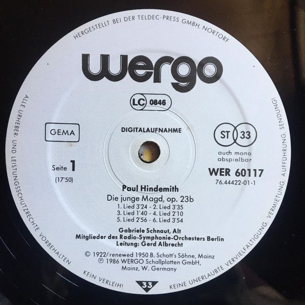 WERGO WER 60117 - Paul Hindemith - Die Junge Magd / Des Todes To - Image 3