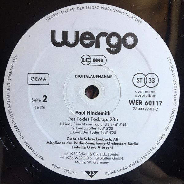 WERGO WER 60117 - Paul Hindemith - Die Junge Magd / Des Todes To - Image 4