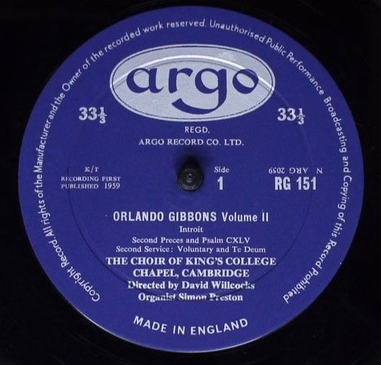 Argo RG 151 - Orlando Gibbons, The King's College Choir Of Cambr - Image 3