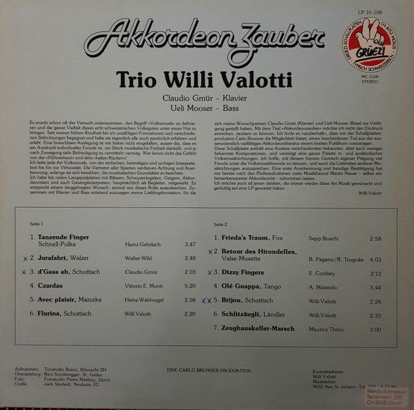 Grüezi LP 10-108 - Trio Willi Valotti - Akkordeon Zauber - Image 2