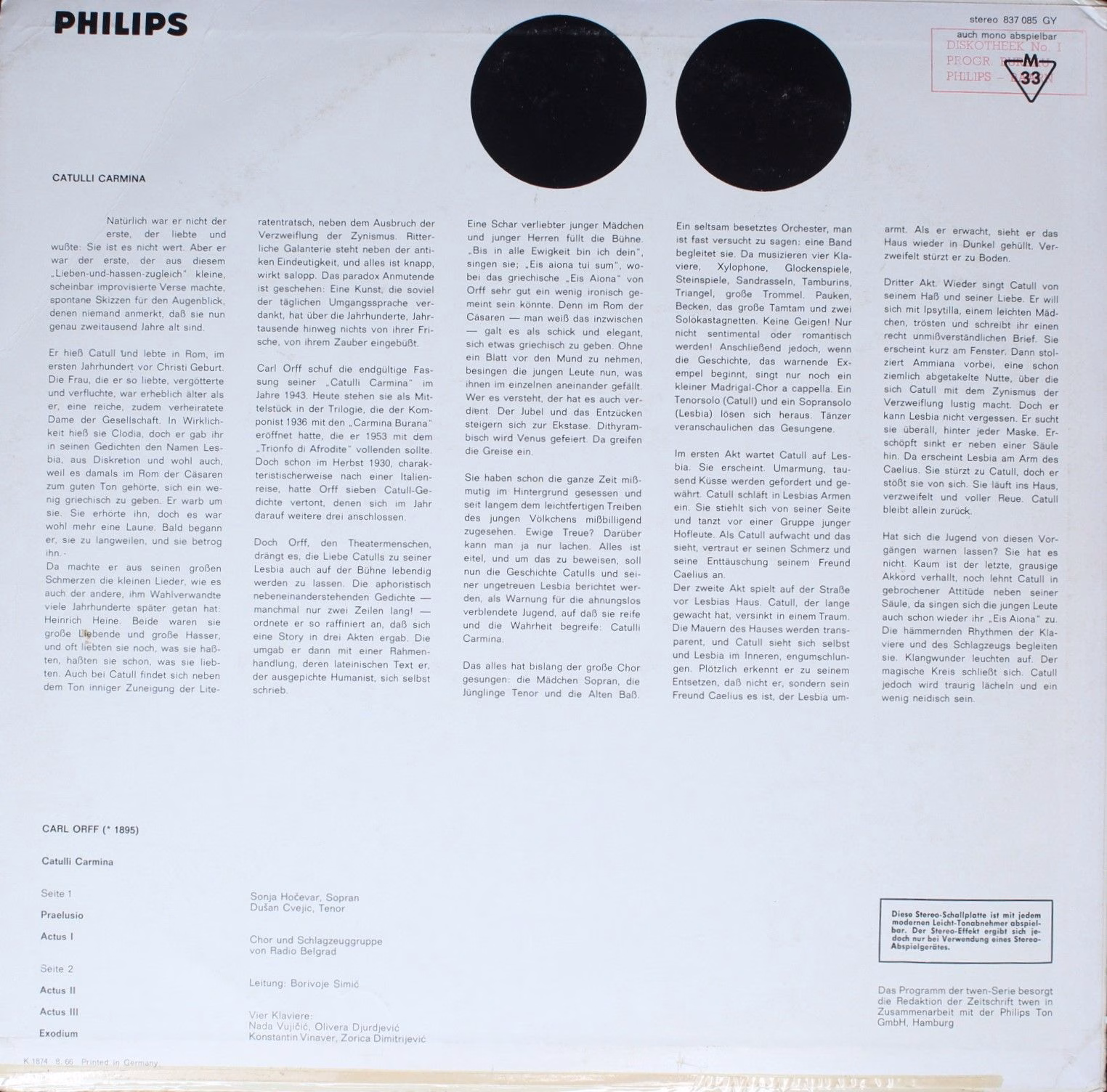 Philips 837 085 GY - Carl Orff - Catulli Carmina - Image 2