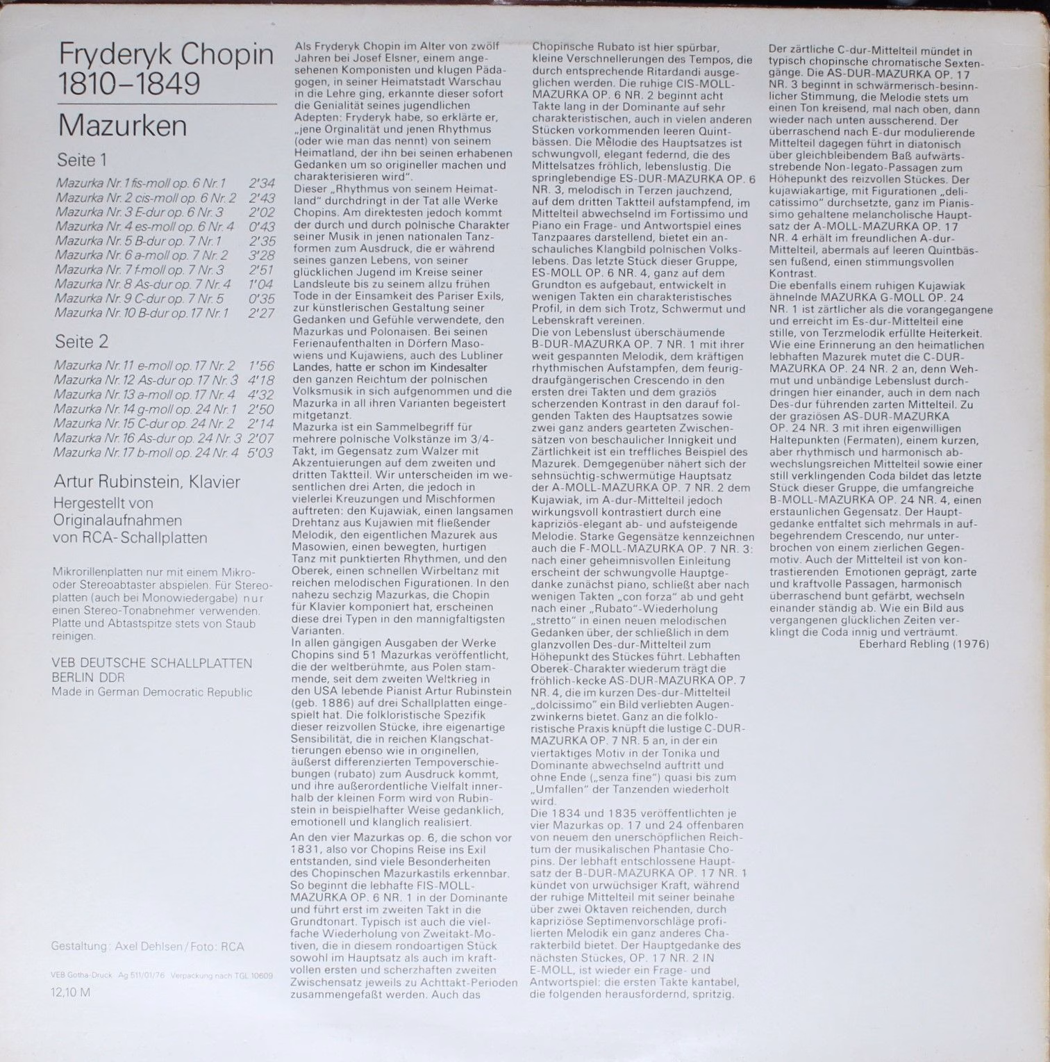 Eterna 8 26 819 - Frédéric Chopin, Arthur Rubinstein - Mazurken - Image 2