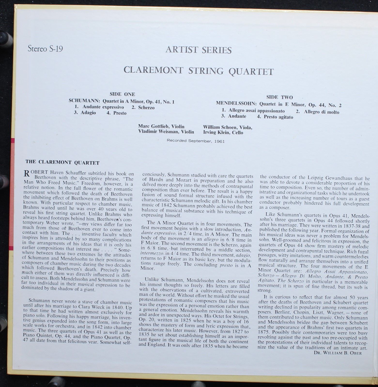 Music Guild Records S-19 - The Claremont Quartet, Robert Schuman - Image 2