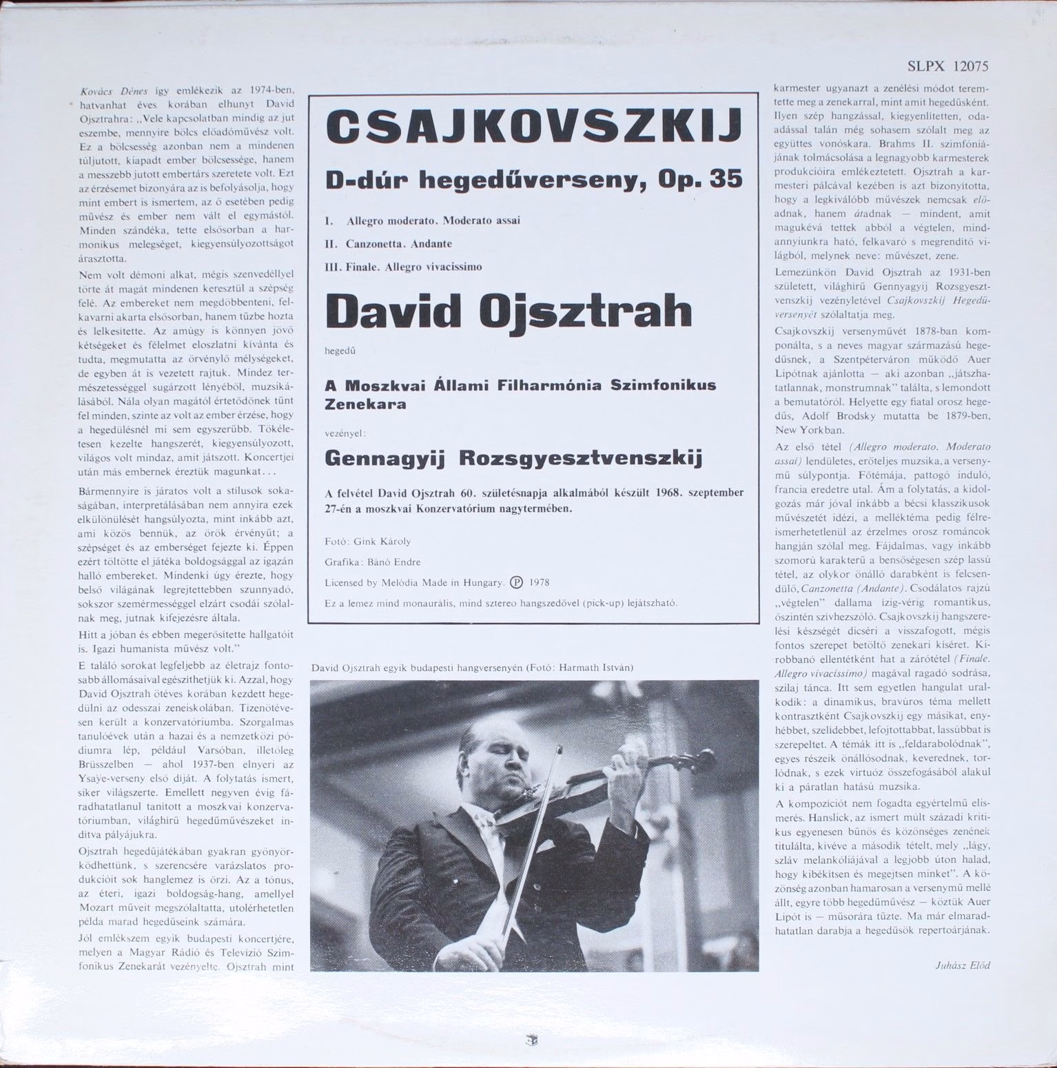 Hungaroton SLPX 12075 - Pyotr Ilyich Tchaikovsky, David Oistrach - Image 2