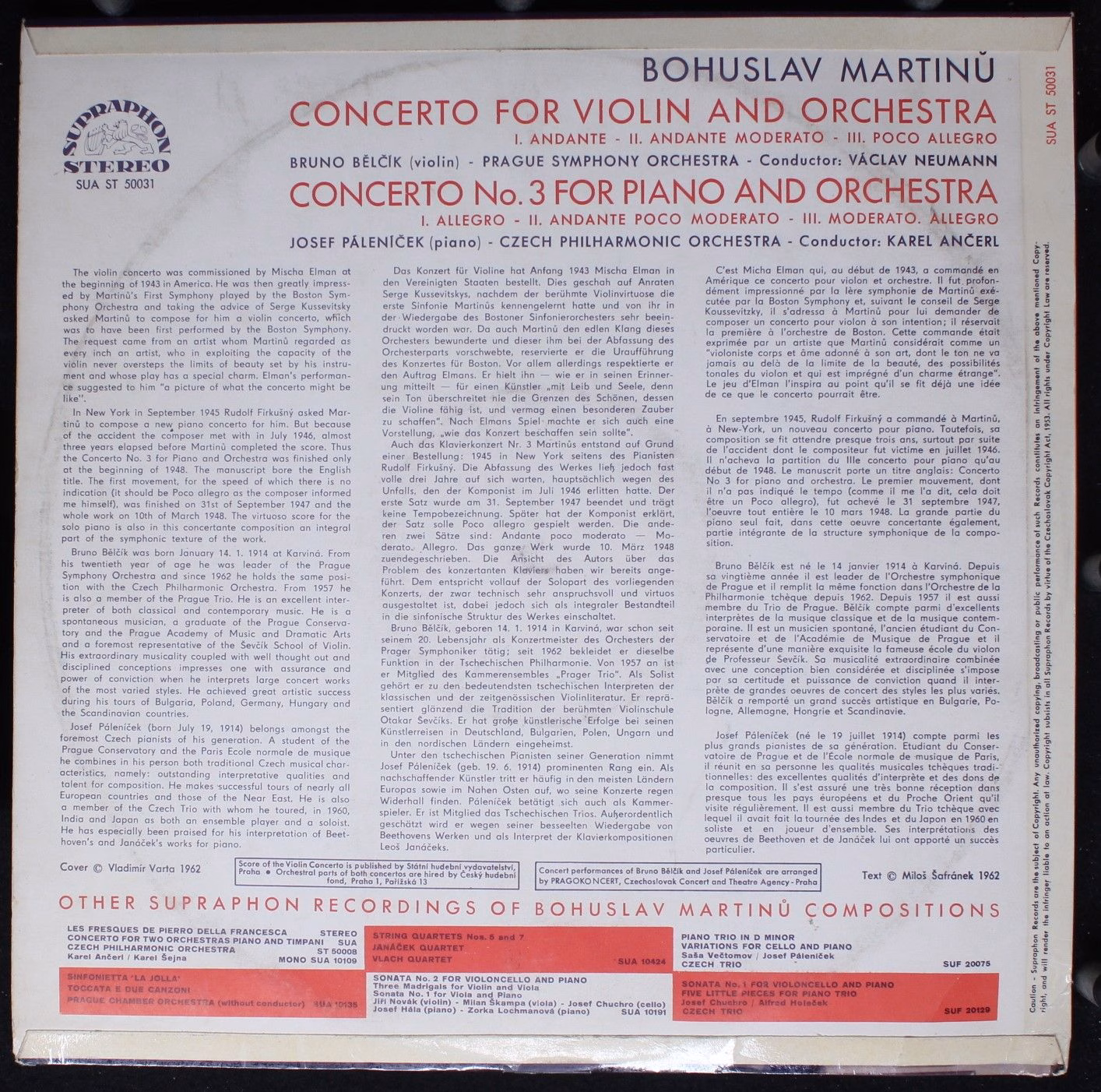 Supraphon SUA ST 50031 - Bohuslav Martinů - Concerto For Violin - Image 2