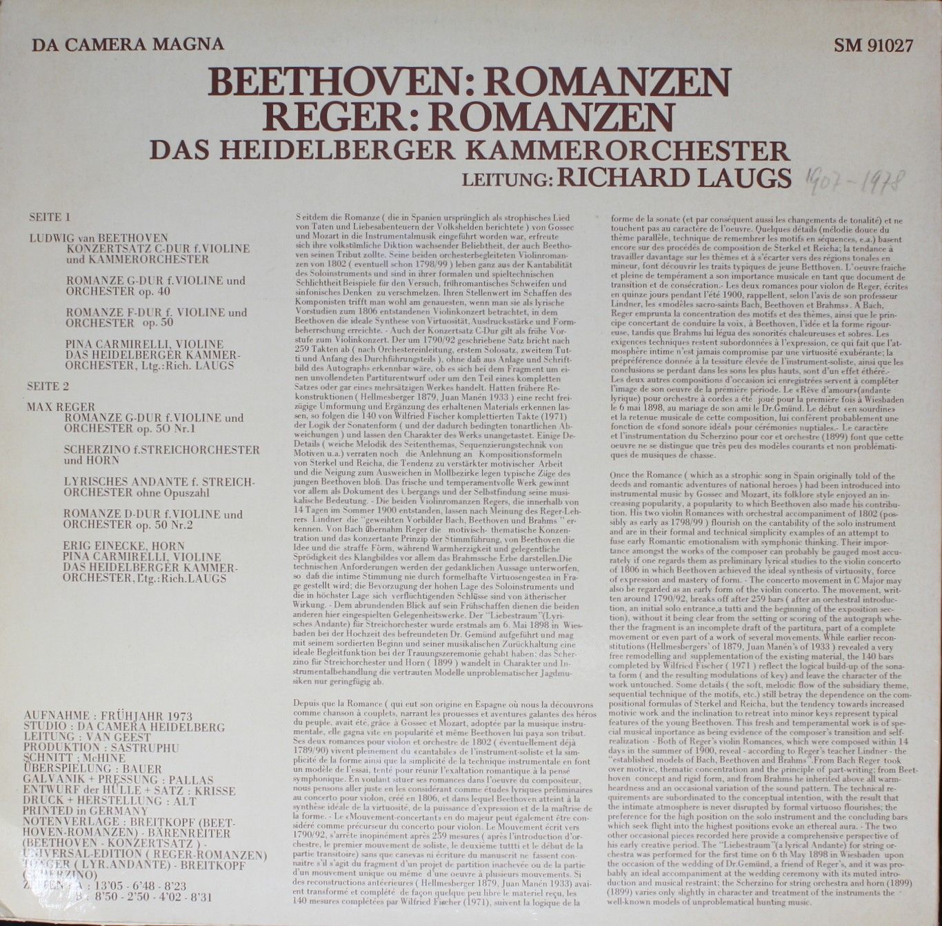 Da Camera Magna SM 91027 - Ludwig van Beethoven, Max Reger, Erig - Image 2