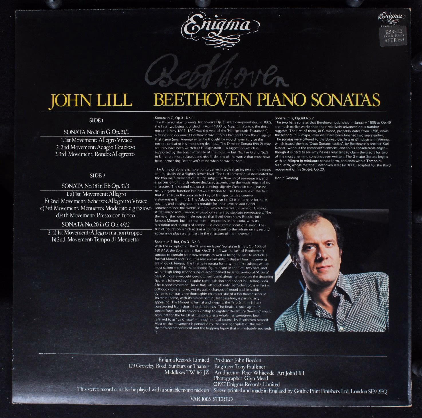 Enigma Records (8) VAR 1003 - Ludwig van Beethoven, John Lill - - Image 2