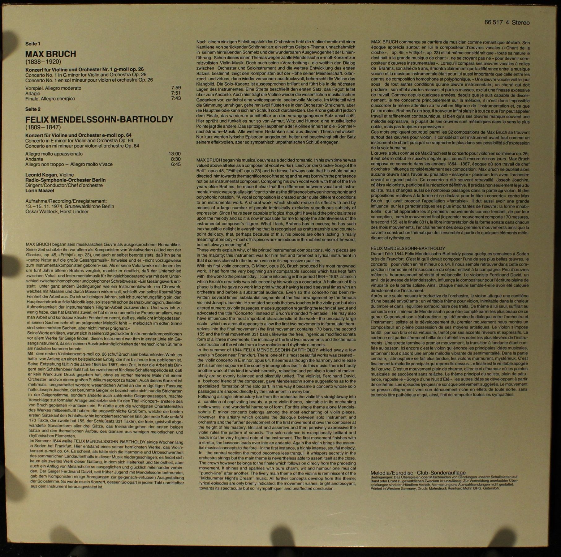 Eurodisc 66 517 4 - Leonid Kogan, Max Bruch, Felix Mendelssohn-B - Image 2