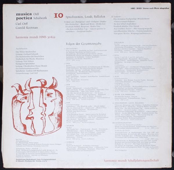 Harmonia Mundi HMS 30 659 - Carl Orff, Gunild Keetman - Musica P - Image 2