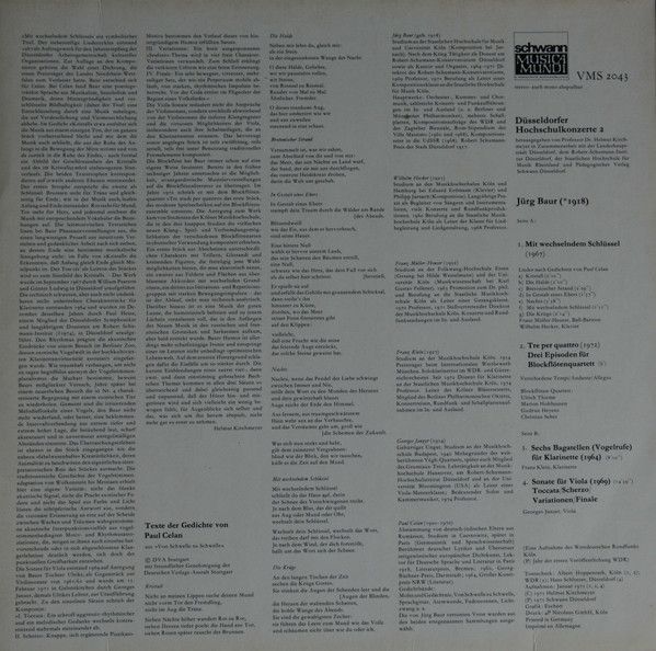 Schwann Musica Mundi VMS 2043 - Jürg Baur - Düsseldorfer Hochsch - Image 2