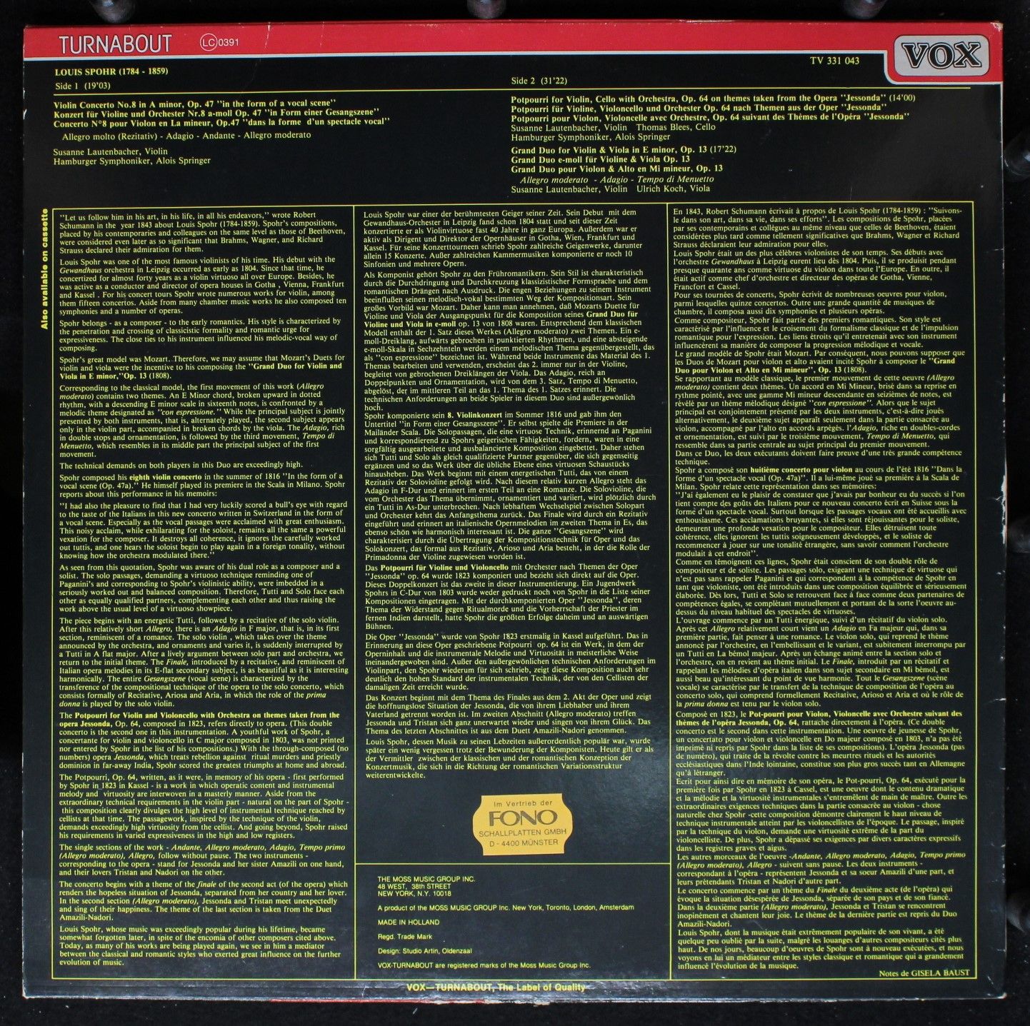 VOX (6) TV 331 043 - Louis Spohr - Violin Concerto No. 8 In A Mi - Image 2