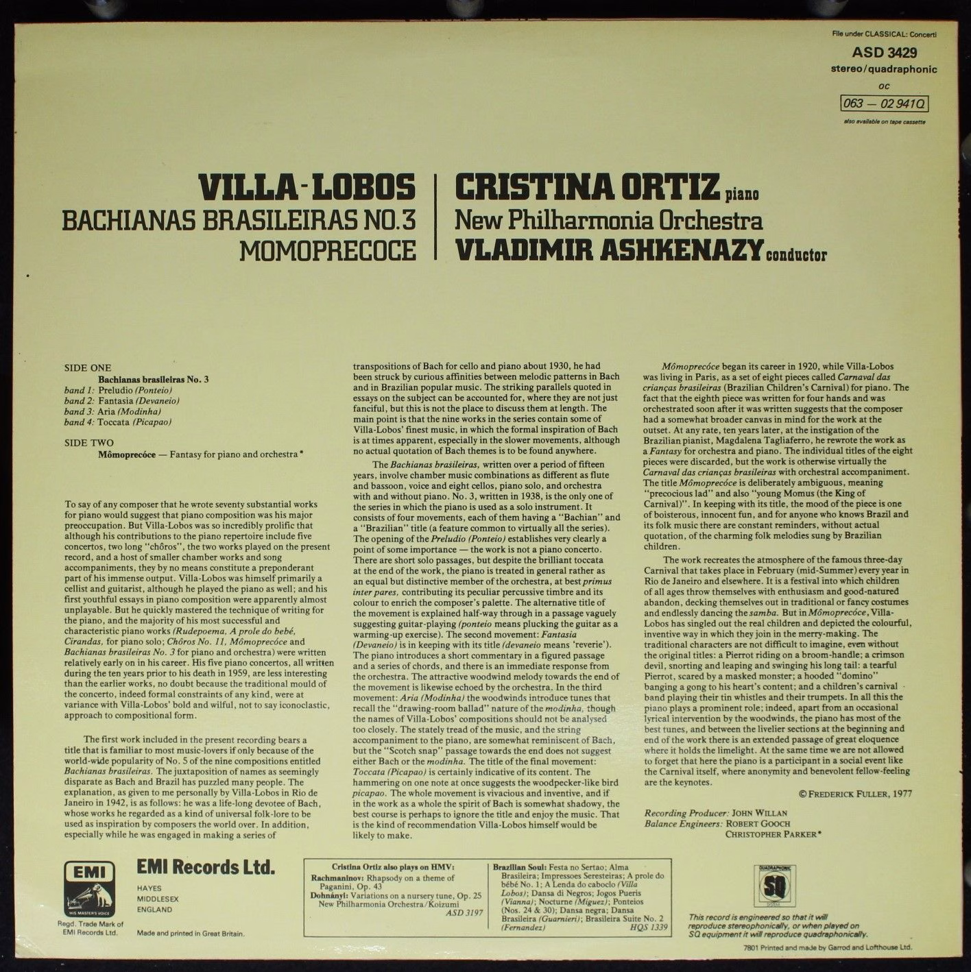 His Master's Voice ASD 3429 - Heitor Villa-Lobos, Cristina Ortiz - Image 2