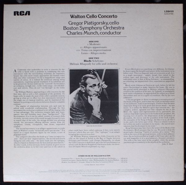 RCA Red Seal LSB 4101 - Sir William Walton, Ernest Bloch, Gregor - Image 2