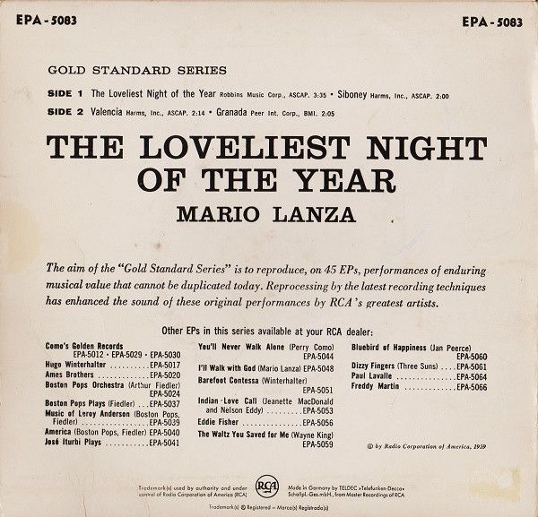 RCA EPA 5083 - Mario Lanza - The Loveliest Night Of The Year - Image 2