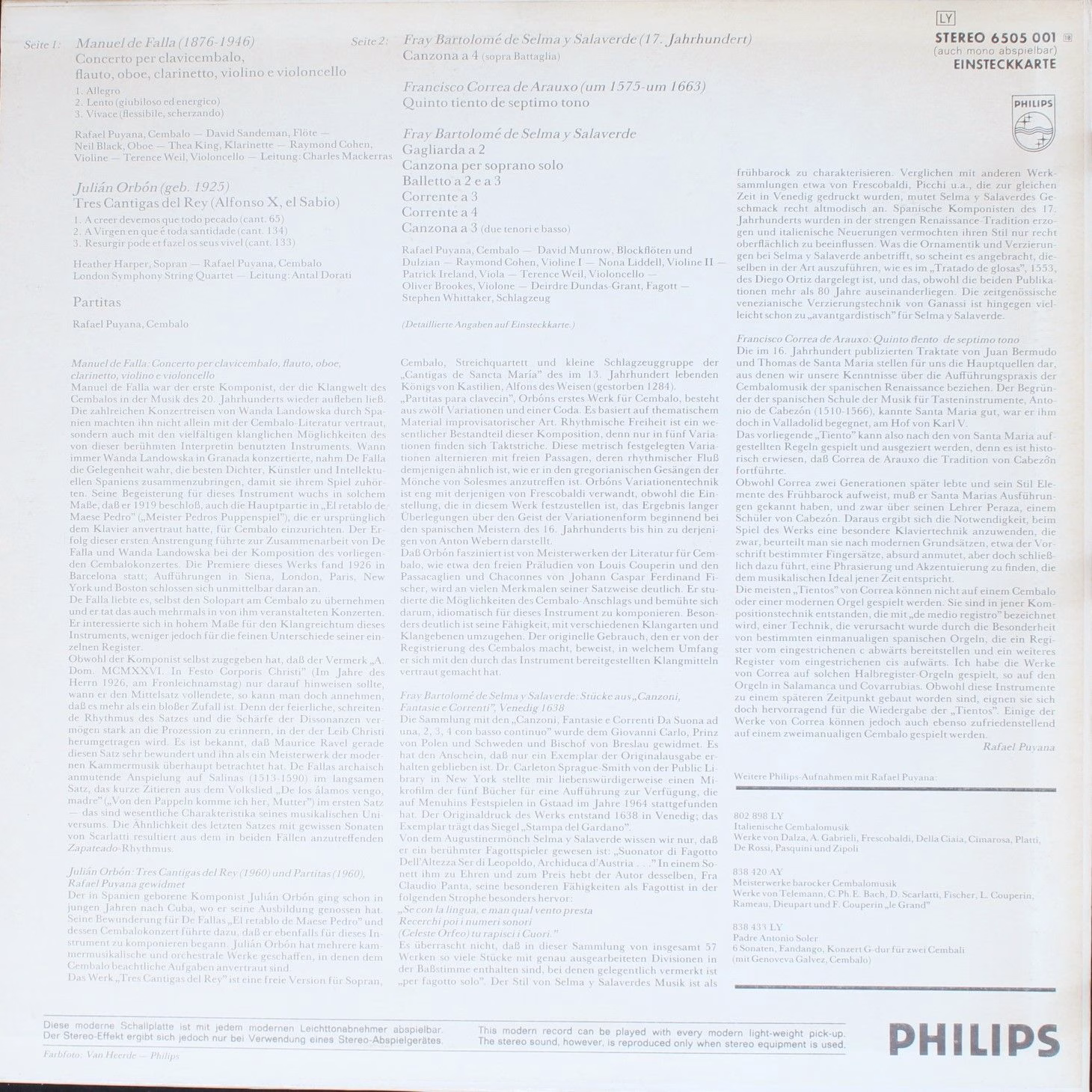 Philips 6505 001 - Manuel De Falla, Rafael Puyana - Harpsichord - Image 2