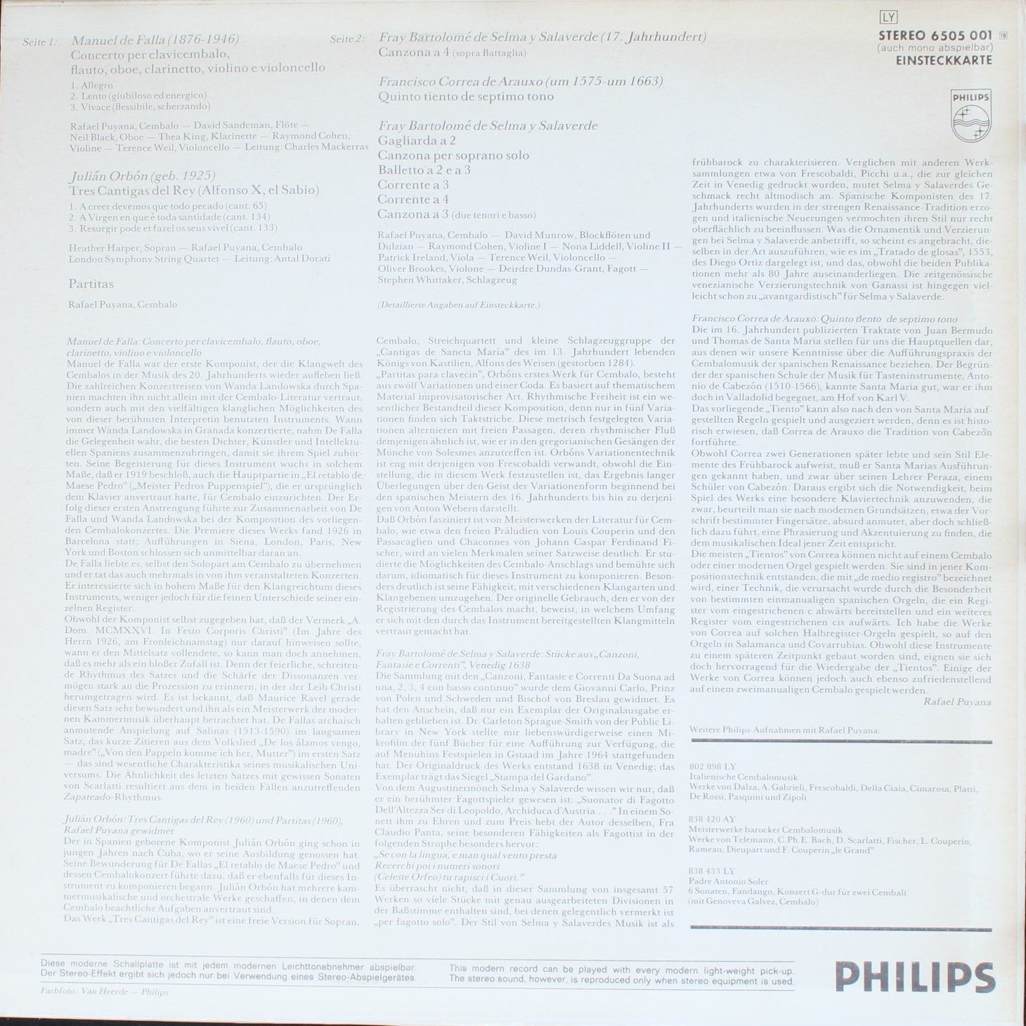 Philips 6505 001 - Manuel De Falla, Rafael Puyana - Harpsichord - Image 2