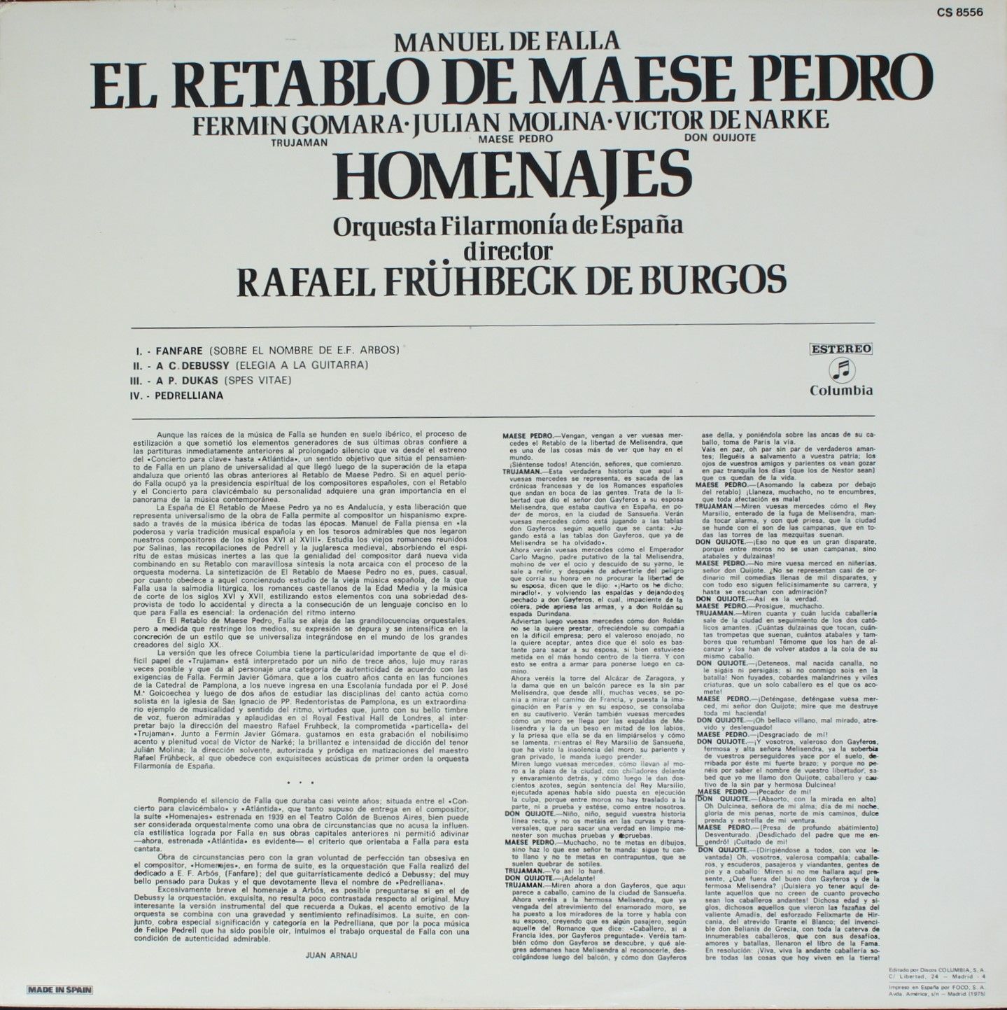 Columbia CS 8556 - Manuel De Falla, Rafael Frühbeck De Burgos, O - Image 2