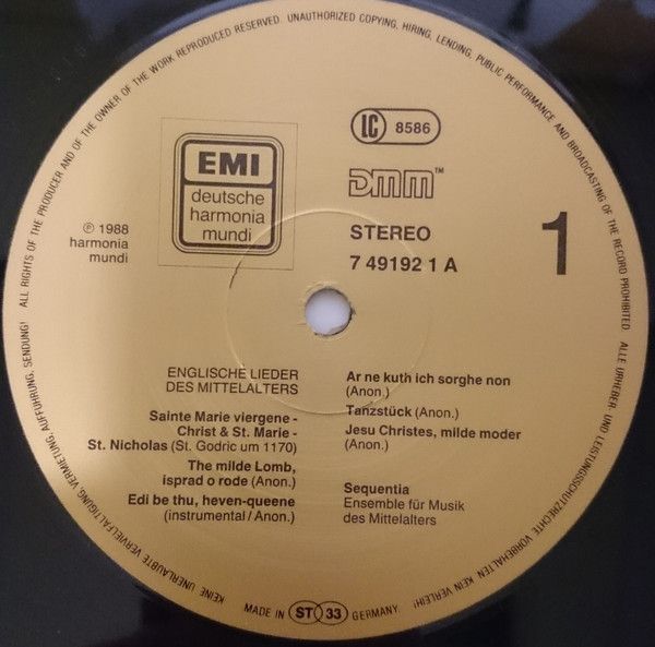 Deutsche Harmonia Mundi 7 49192 1 - Sequentia (2) - English Song - Image 3