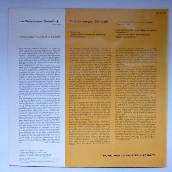 Harmonia Mundi HM 30627 - Jan Pieterszoon Sweelinck, Fritz Neume - Image 2