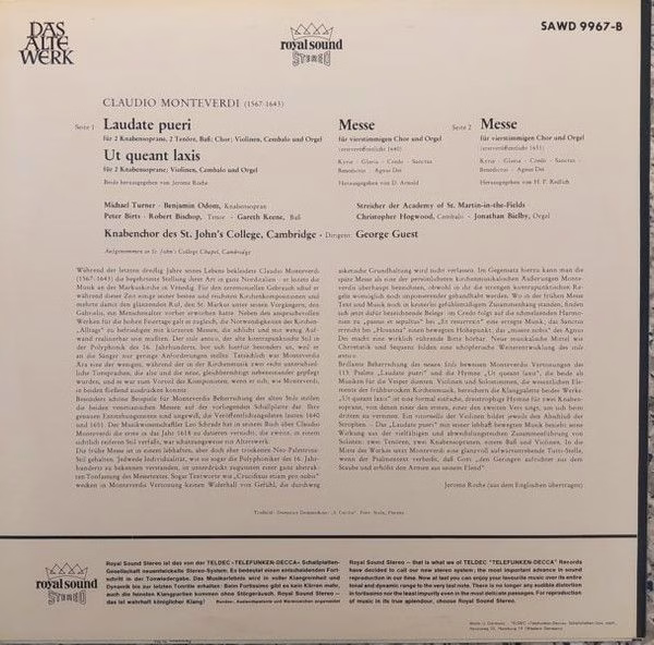 DECCA SAWD 9967-B - Claudio Monteverdi, St. John's College Choir - Image 2