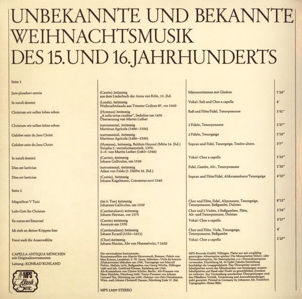 MPS MPS 13 007 ST - Capella Antiqua München - Unbekannte Und Bek - Image 2