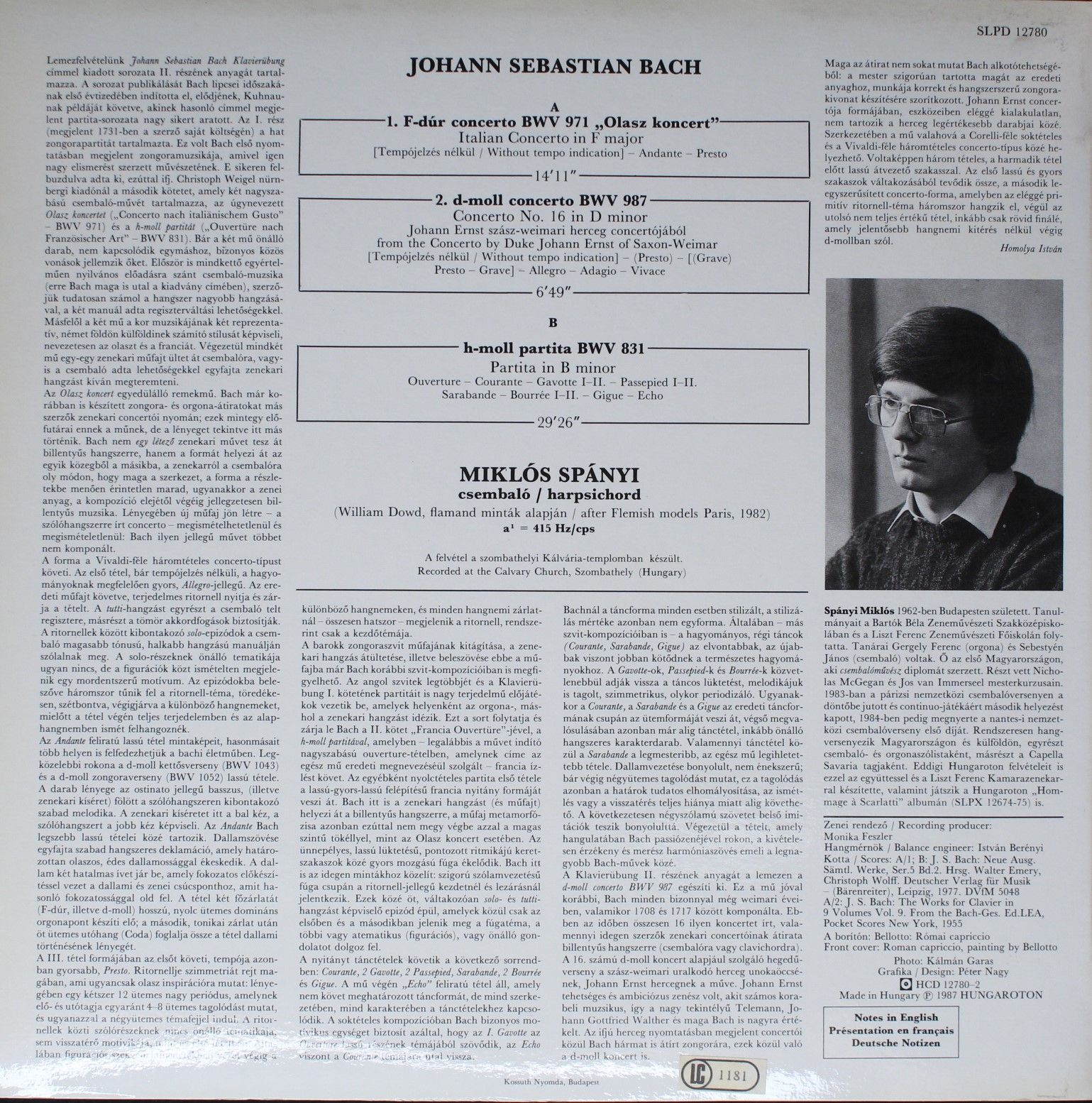 Hungaroton SLPD 12780 - Johann Sebastian Bach, Miklos Spanyi - I - Image 2