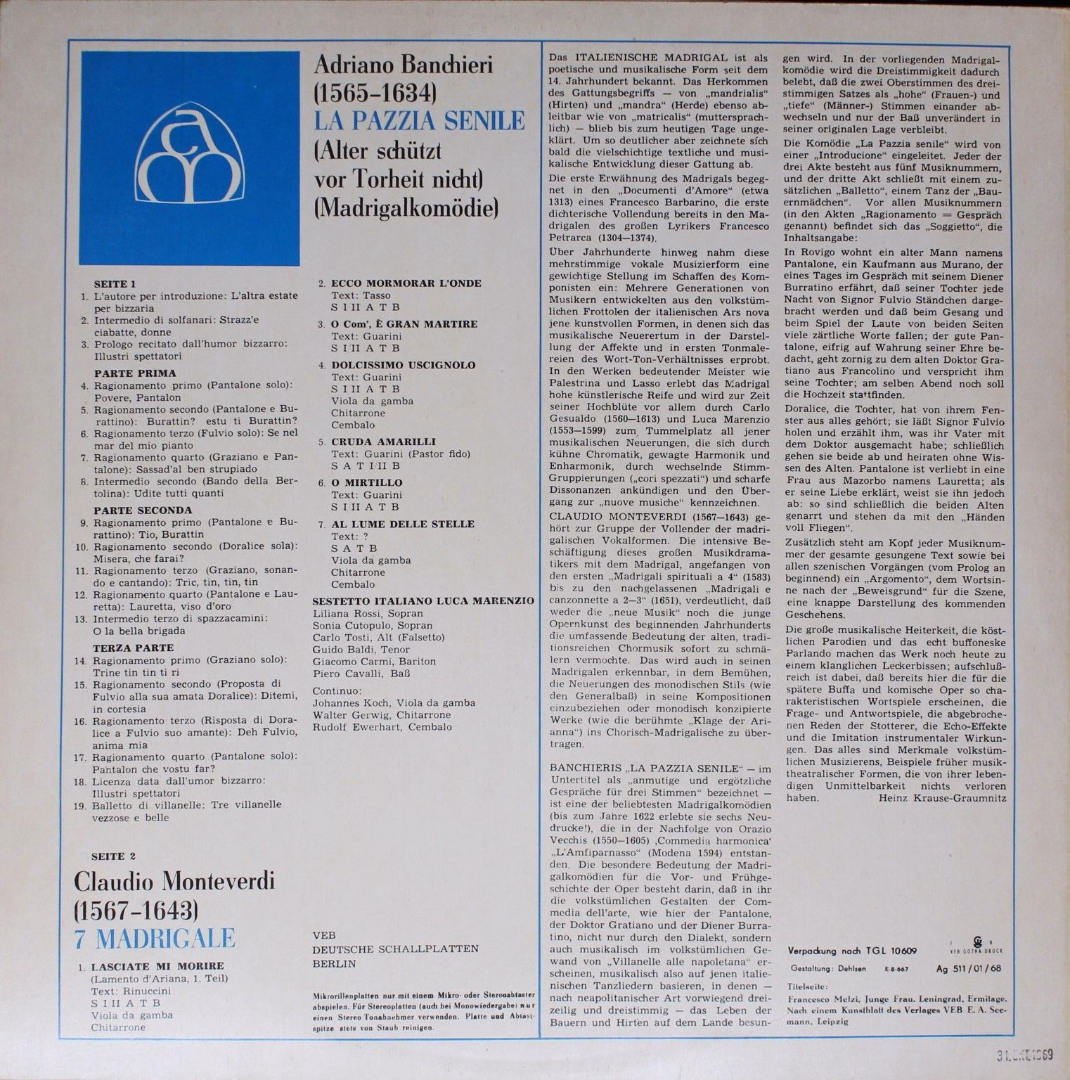 Eterna 8 20 758 - Adriano Banchieri, Claudio Monteverdi - La Paz - Image 2
