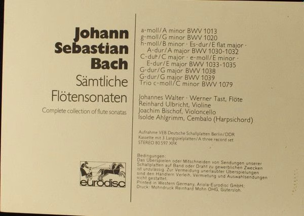 Eurodisc 80 594 XK - Johann Sebastian Bach, Johannes Walter (2), - Image 2