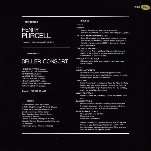 harmonia mundi France HM 218 - Henry Purcell, Deller Consort, Al - Image 4