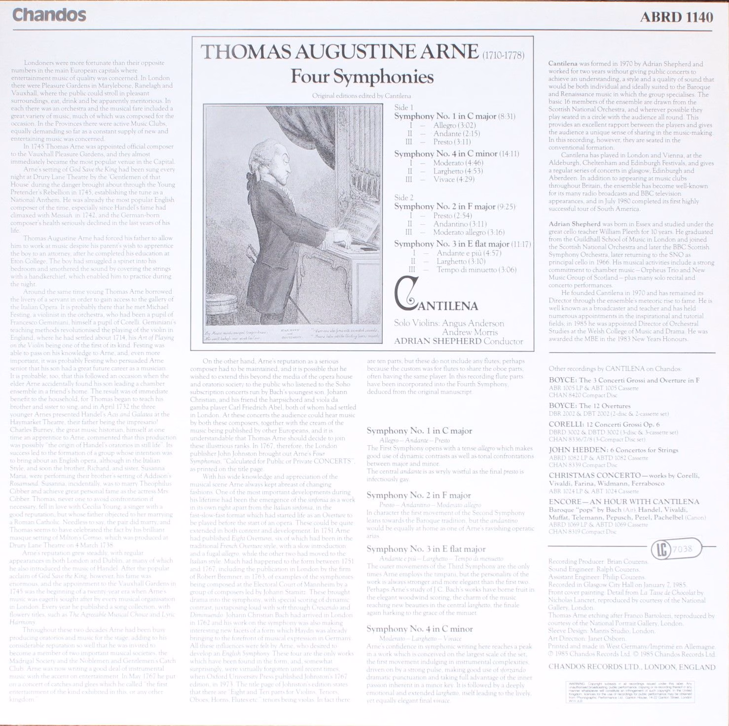 Chandos ABRD 1140 - Thomas Arne, Cantilena, Adrian Shepherd - Fo - Image 2