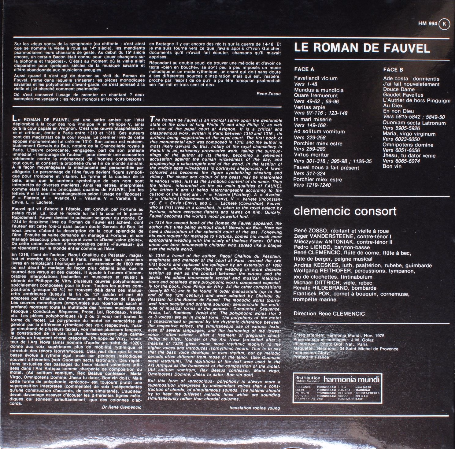 Harmonia Mundi HM 994 - Clemencic Consort - Le Roman De Fauvel - Image 2
