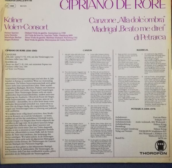 Thorofon MTH 166 - Cipriano De Rore, Kölner Violen-Consort, Hein - Image 2