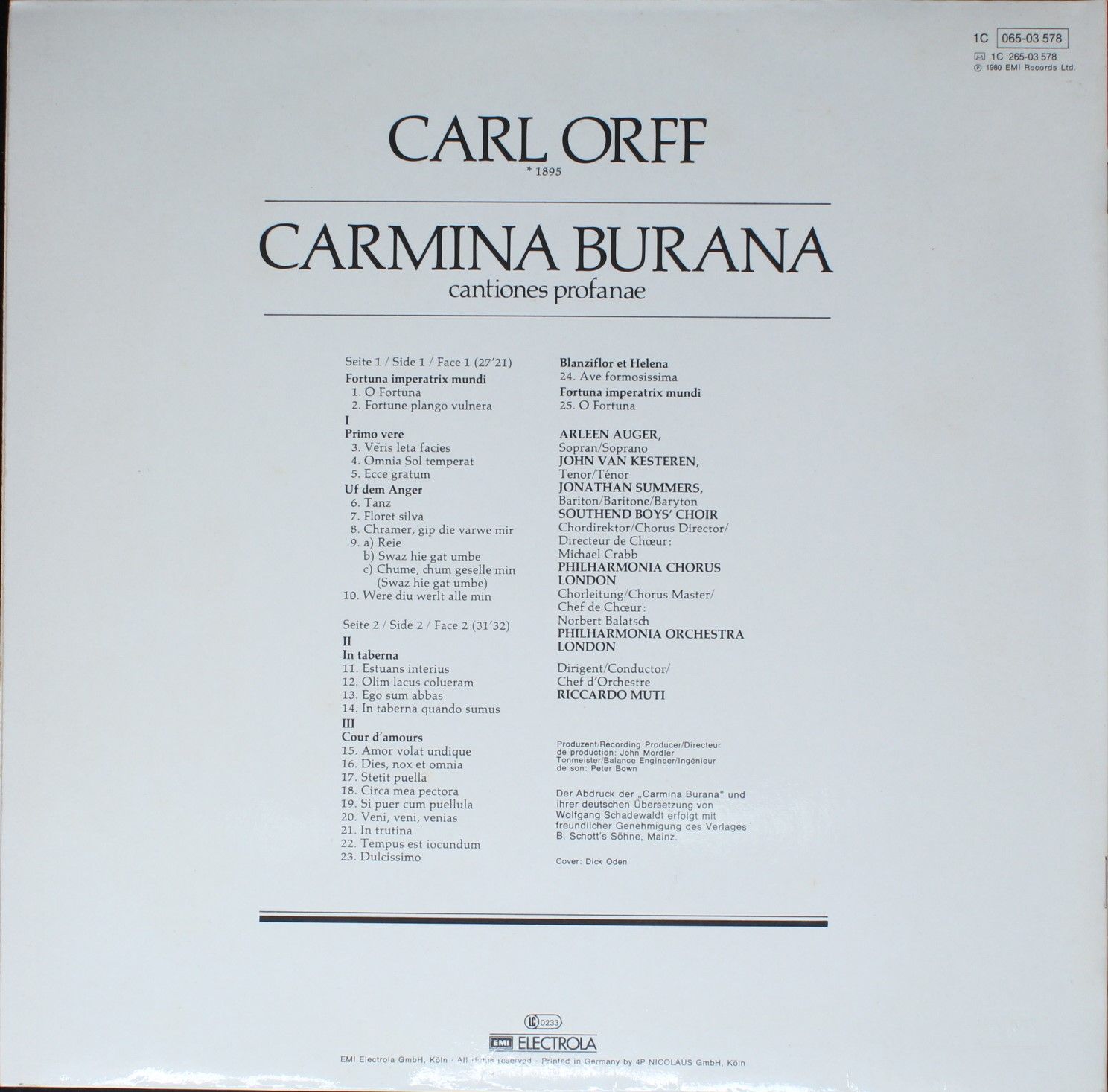 His Master's Voice 1C 065-03 578 - Carl Orff, Riccardo Muti - Ca - Image 2