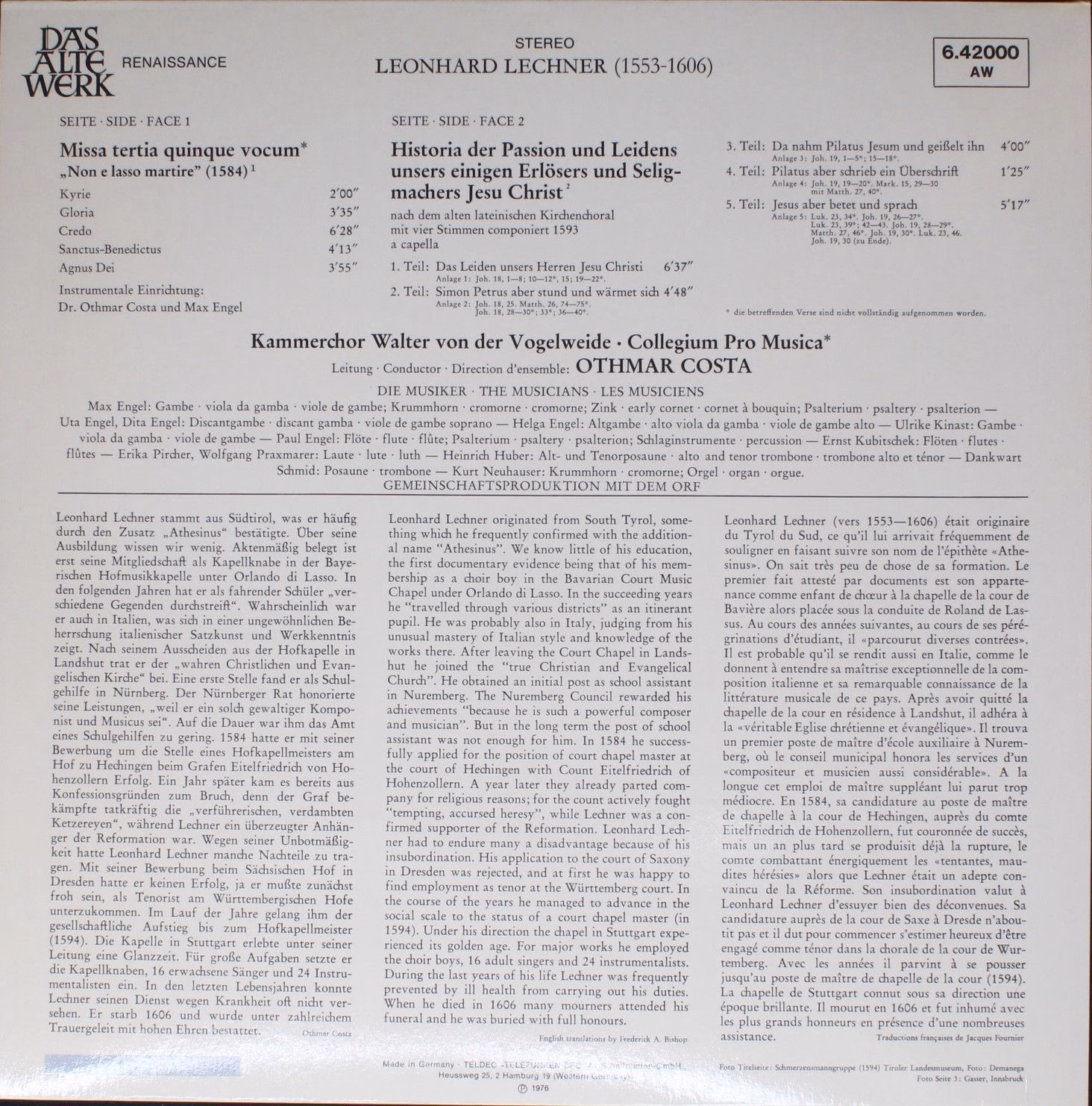 Telefunken 6.42000 AW - Leonhard Lechner - Missa Tertia 1584 / P - Image 2
