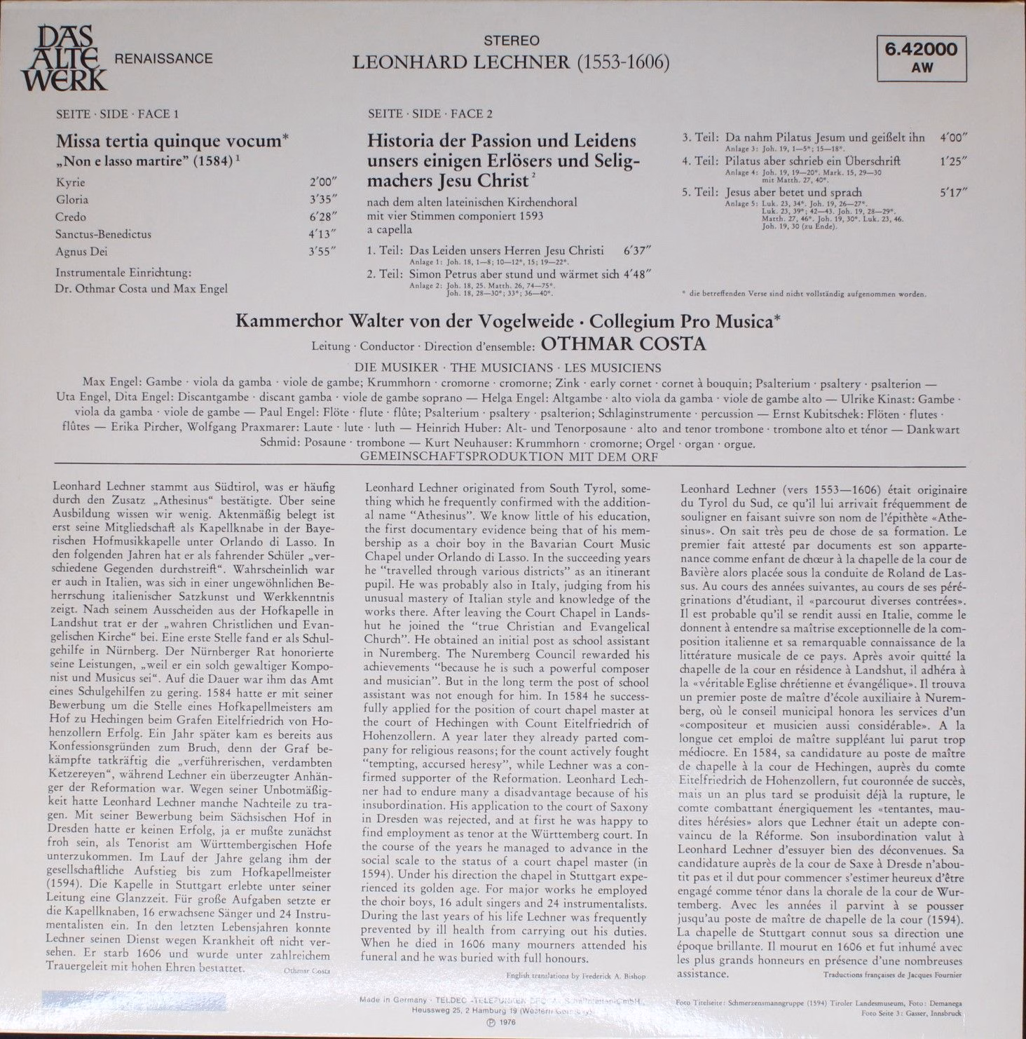 Telefunken 6.42000 AW - Leonhard Lechner - Missa Tertia 1584 / P - Image 2
