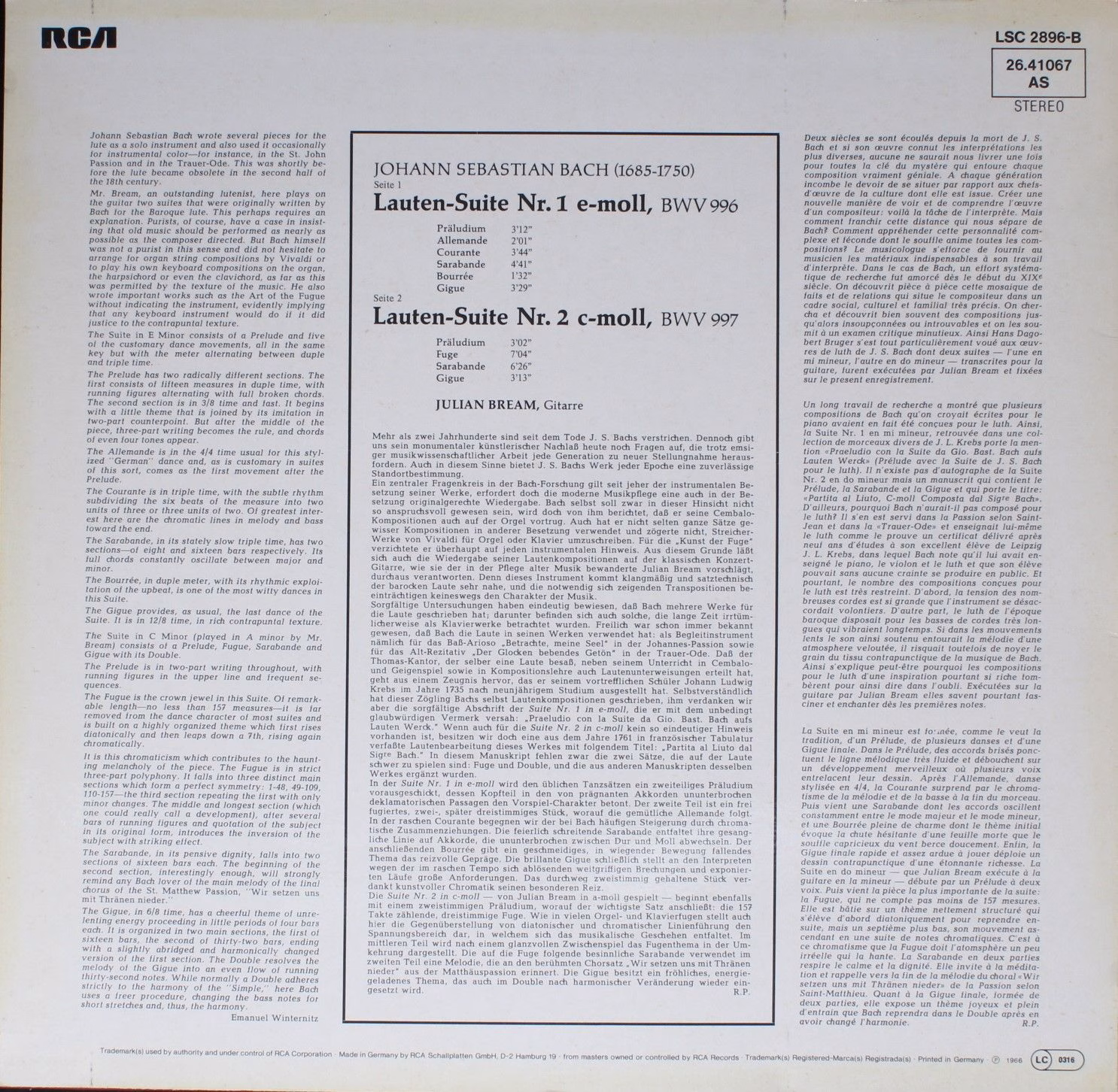RCA Red Seal LSC 2896-B - Johann Sebastian Bach, Julian Bream - - Image 2