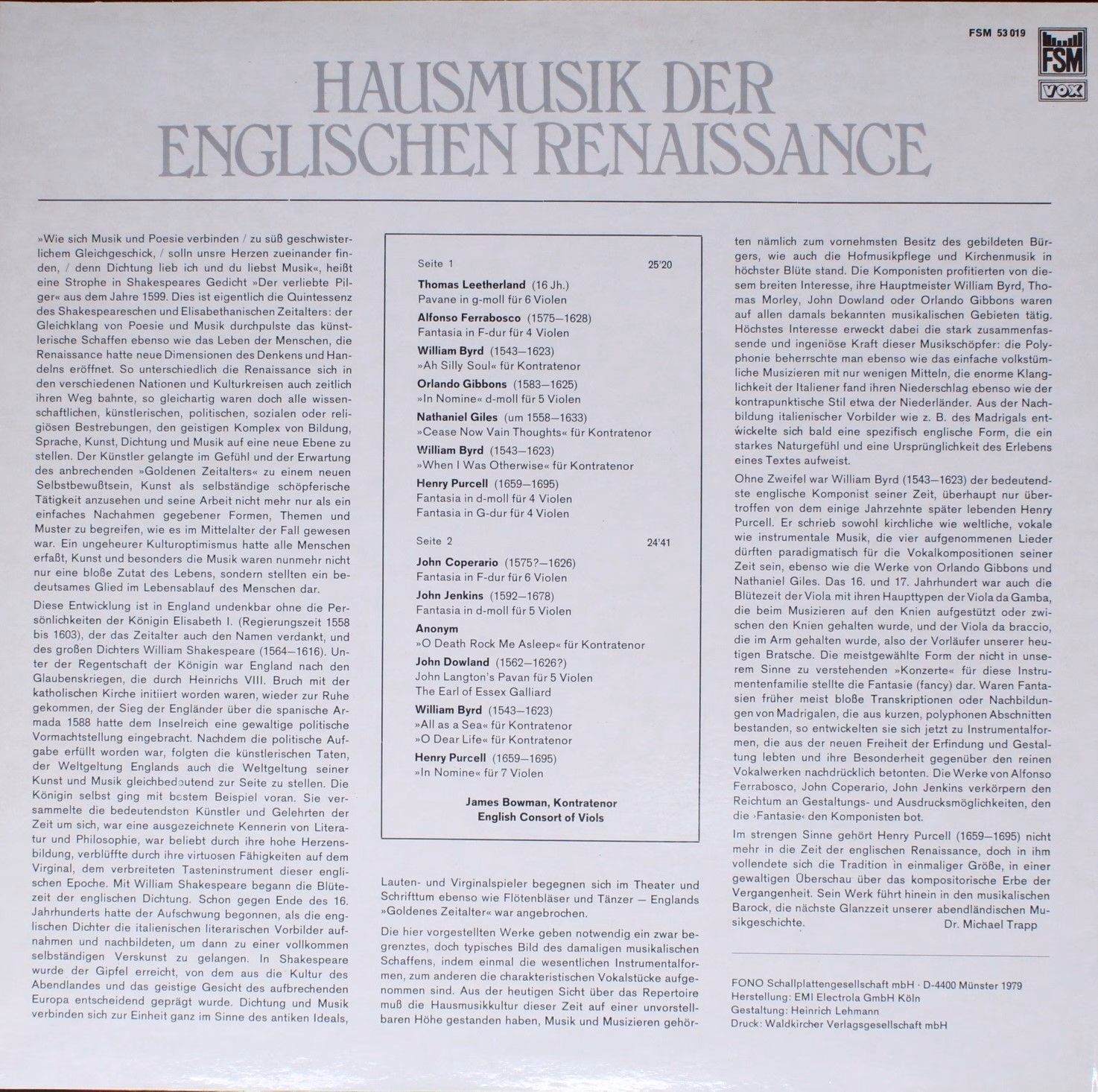 FSM Vox FSM53019 - English Consort Of Viols, James Bowman (2) - - Image 2