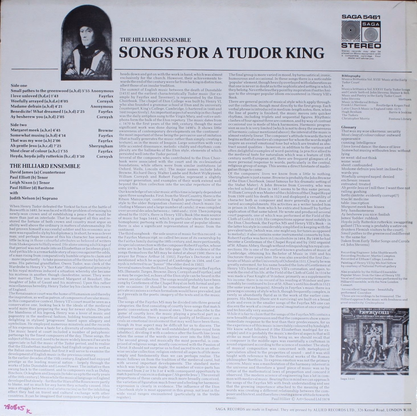 Saga SAGA 5461 - The Hilliard Ensemble - Songs For A Tudor King - Image 2