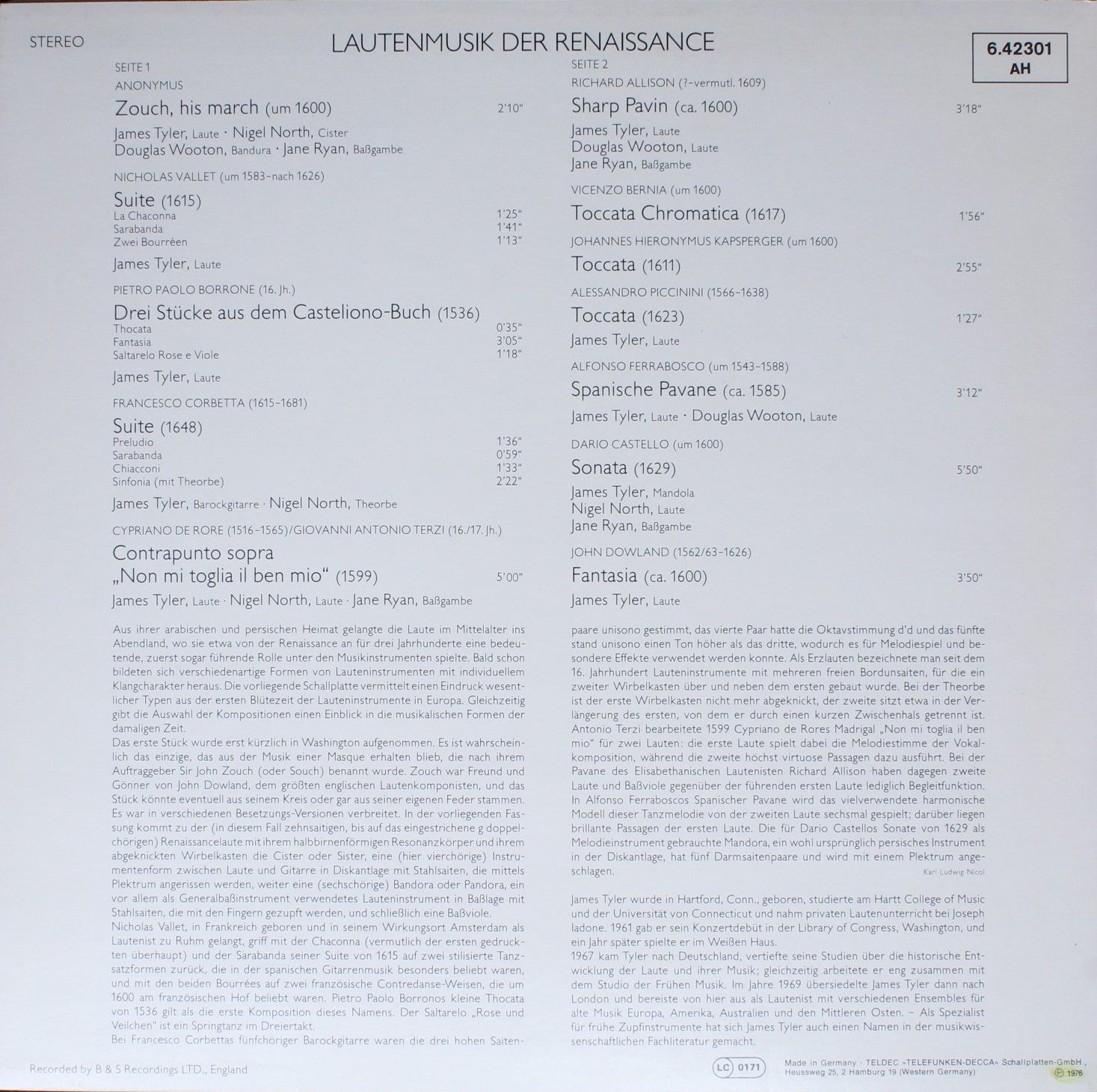 DECCA 6.42301 AH - James Tyler - Lautenmusik Der Renaissance - Image 2