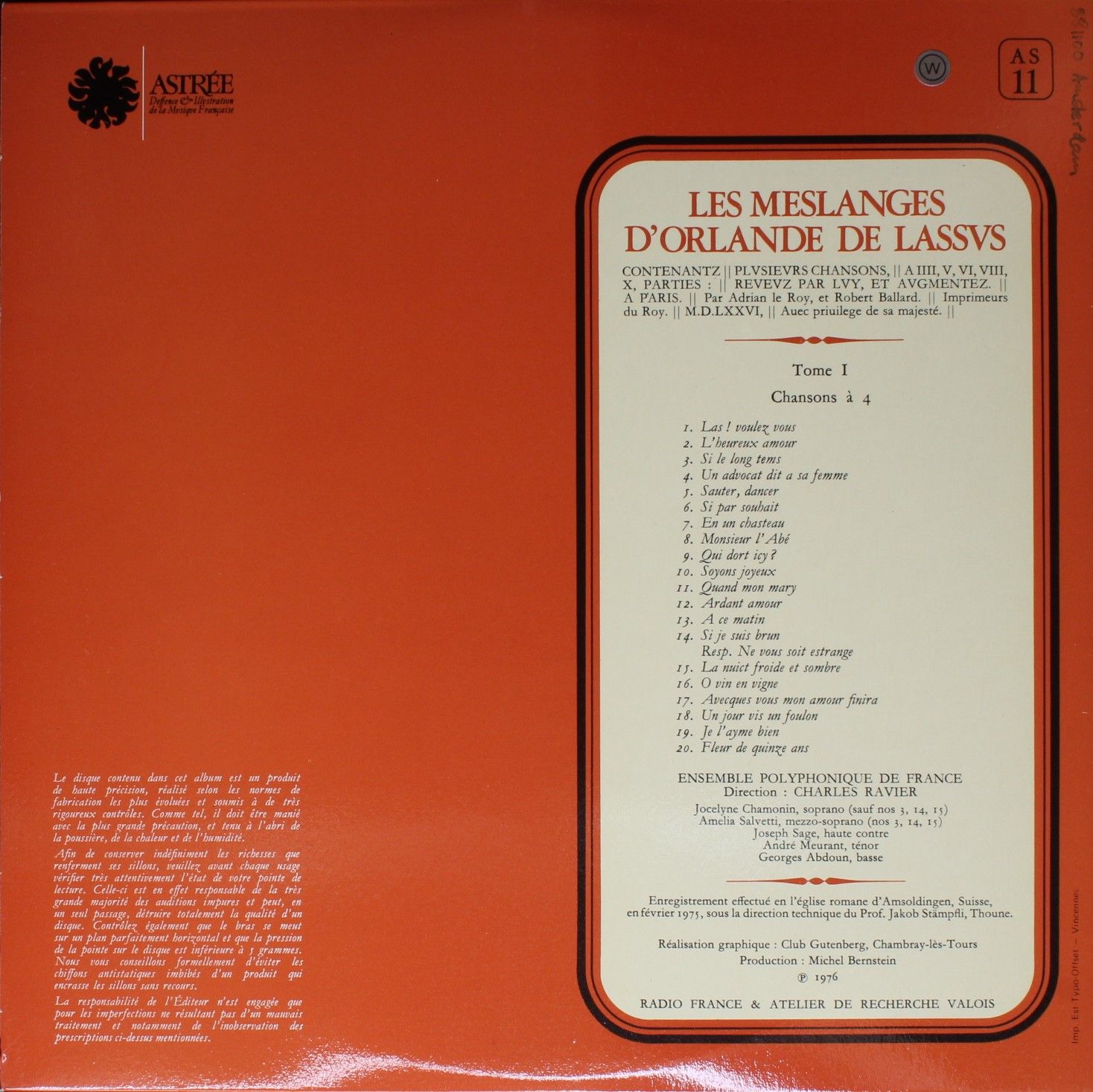 Astree AS 11 - Roland de Lassus, Charles Ravier, Ensemble Polyph - Image 2