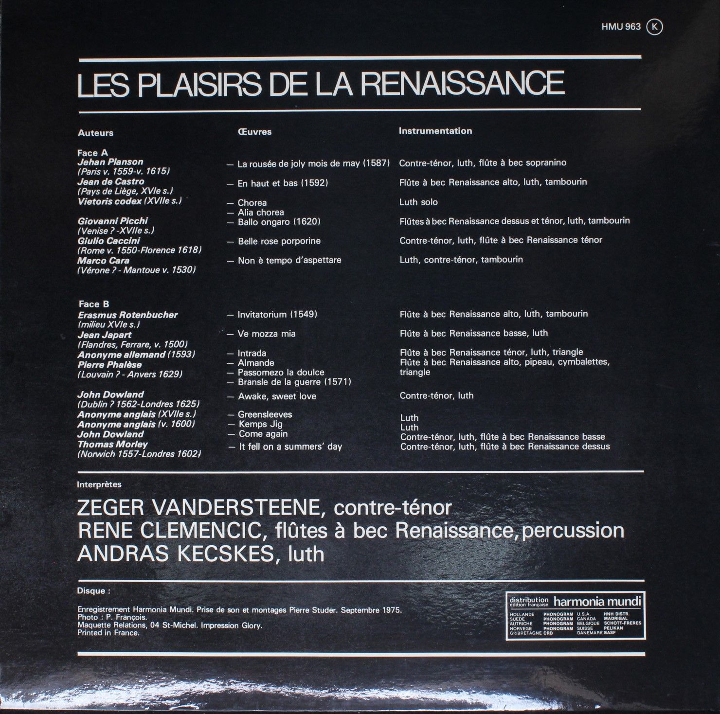 Harmonia Mundi HMU 963 - Clemencic Trio - Les Plaisirs De La Ren - Image 2