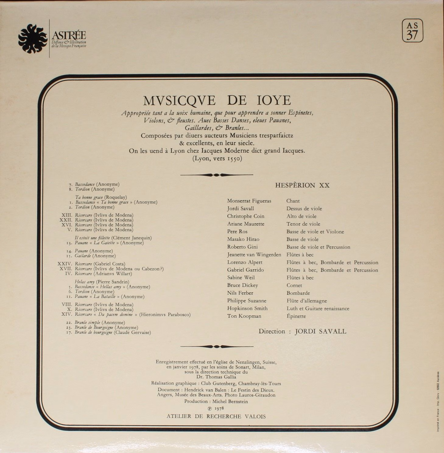 Astrée Auvidis AS 37 - Hespèrion XX, Jordi Savall - Mvsicqve De - Image 2