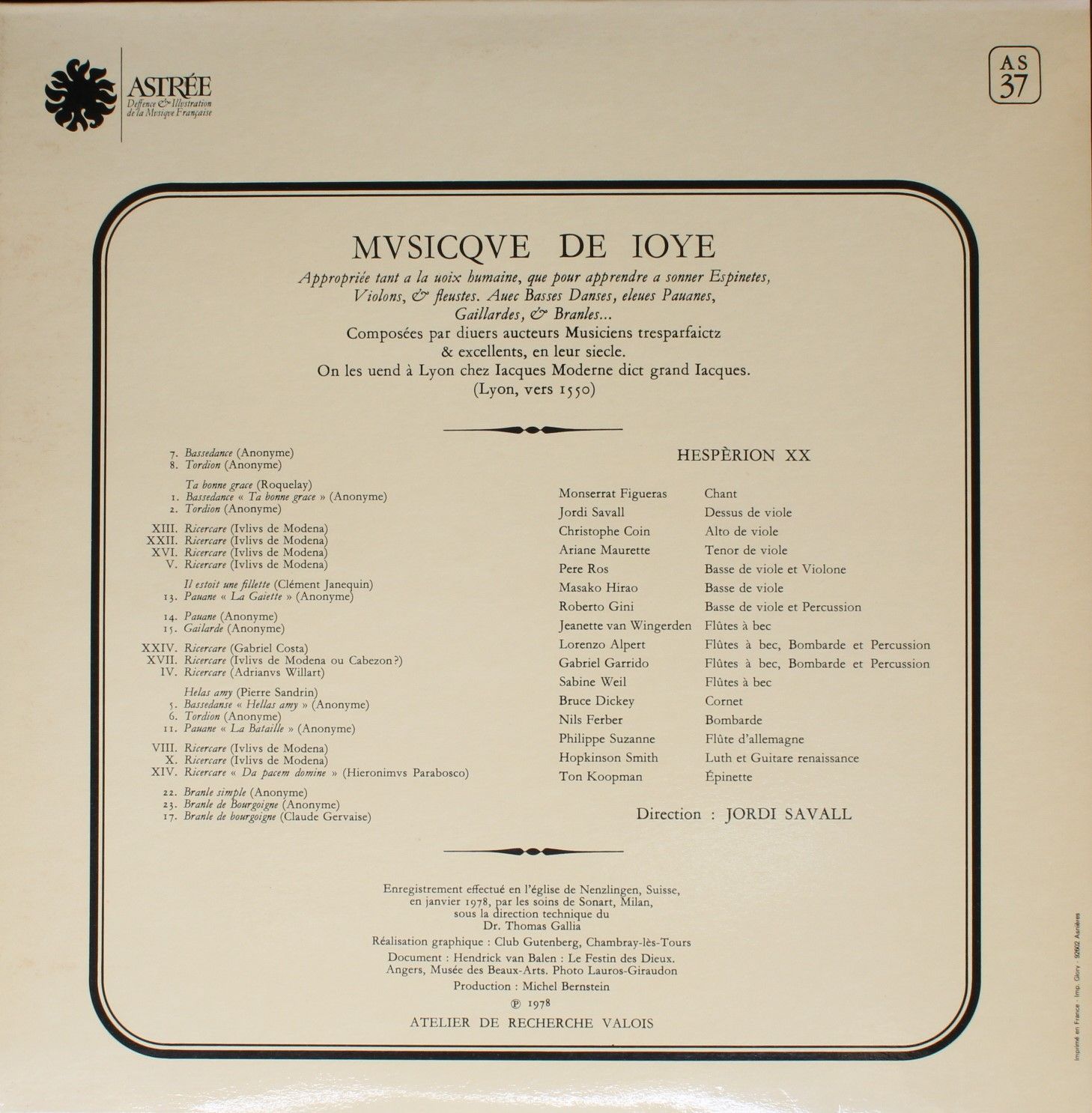 Astrée Auvidis AS 37 - Hespèrion XX, Jordi Savall - Mvsicqve De - Image 2