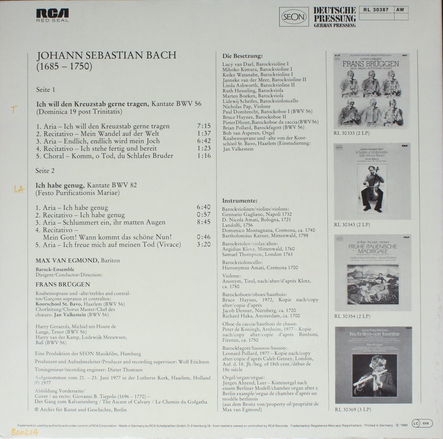 RCA RL 30387 - Johann Sebastian Bach, Max van Egmond, Baroque Or - Image 2
