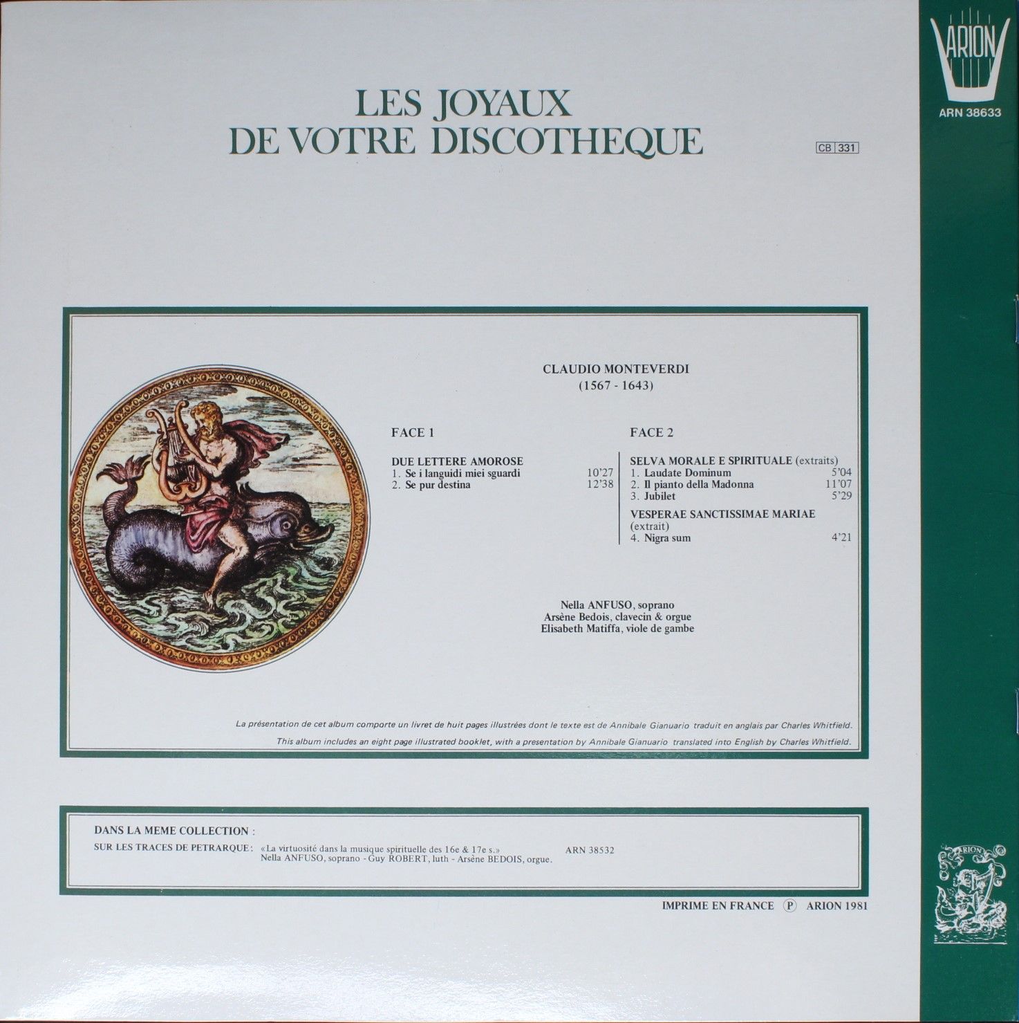ARION ARN 38633 - Claudio Monteverdi, Nella Anfuso, Arsène Bedoi - Image 2