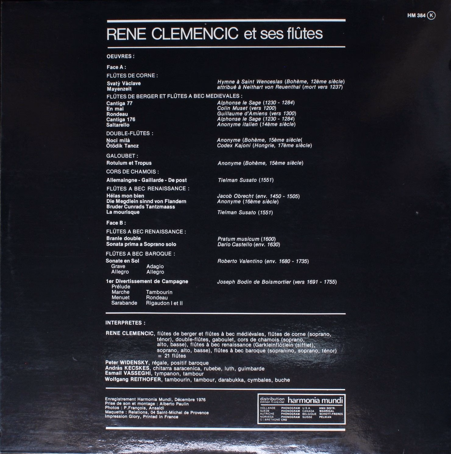 Harmonia Mundi HM 384 - René Clemencic - René Clemencic Et Ses F - Image 2
