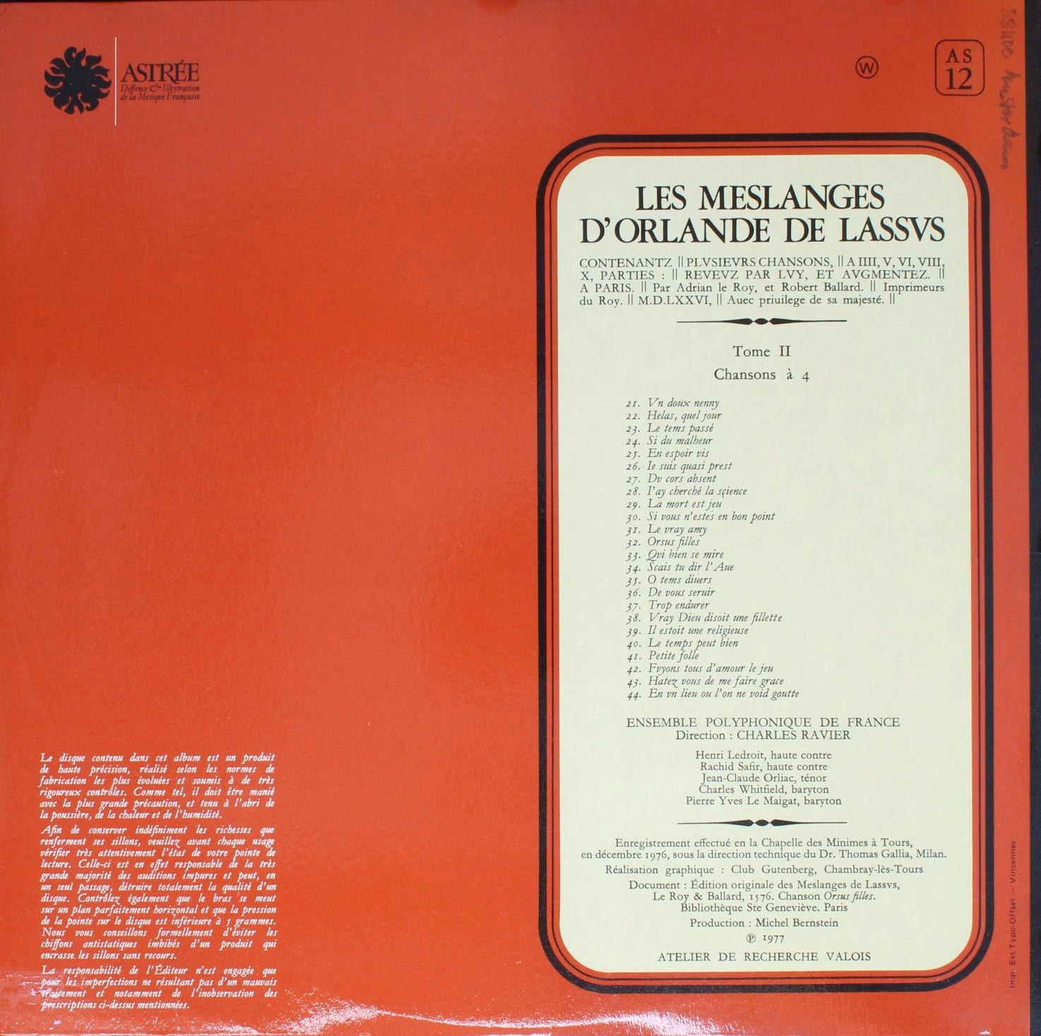 Astree AS 12 - Roland de Lassus, Charles Ravier, Ensemble Polyph - Image 2